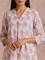 trueBrowns Pink Green Buta On White Block Print Cotton Slit Kurta Pant Set | Grocsy