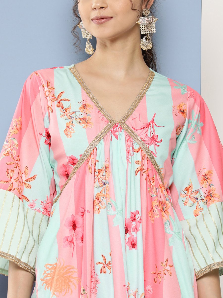 Ahalyaa Women Floral Printed Pleated Gotta Patti Kurta With Palazzos | Grocsy