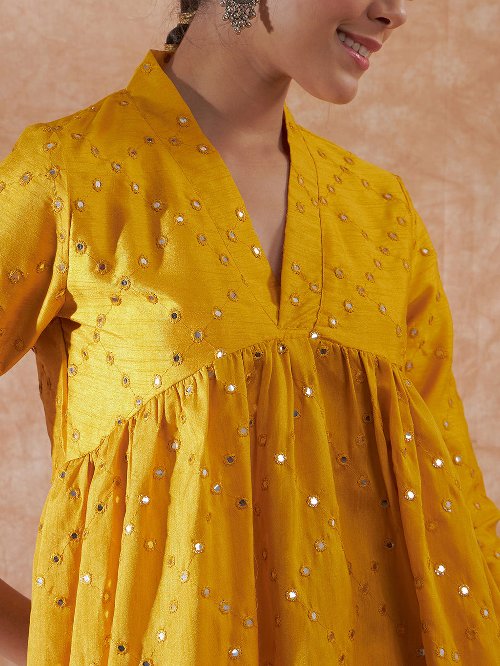 InWeave Women's Mustard Mirror Work Flared Kurta | Grocsy