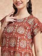 InWeave Women's Maroon Mughal Kalamkari A Line Dress | Grocsy