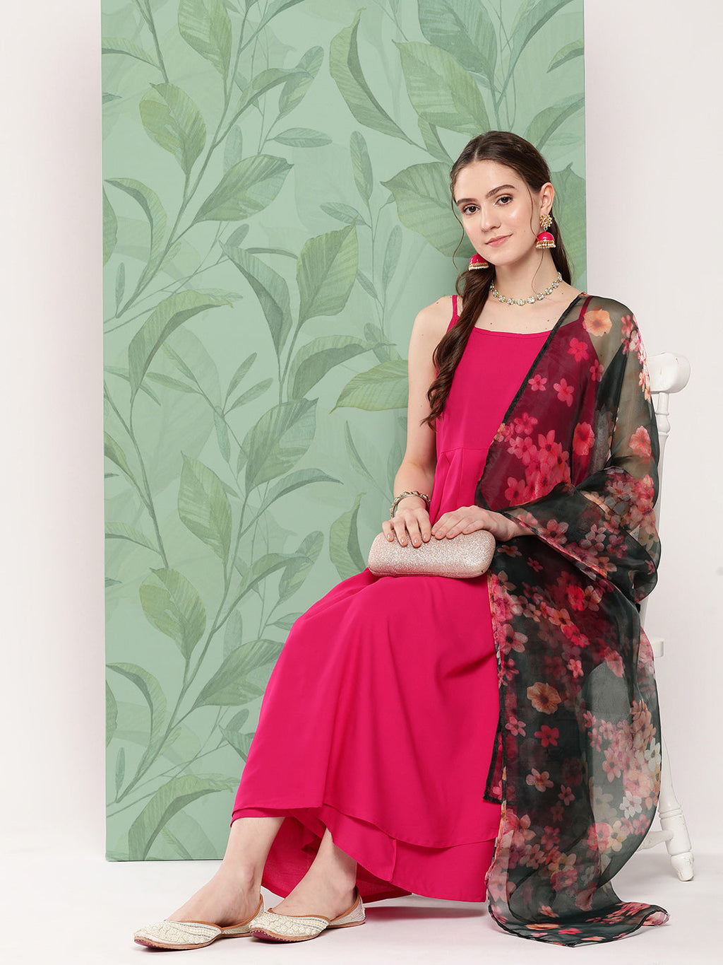 InWeave Women's Fuchsia Strappy Set W Dark Green Camelia Or Dupatta | Grocsy