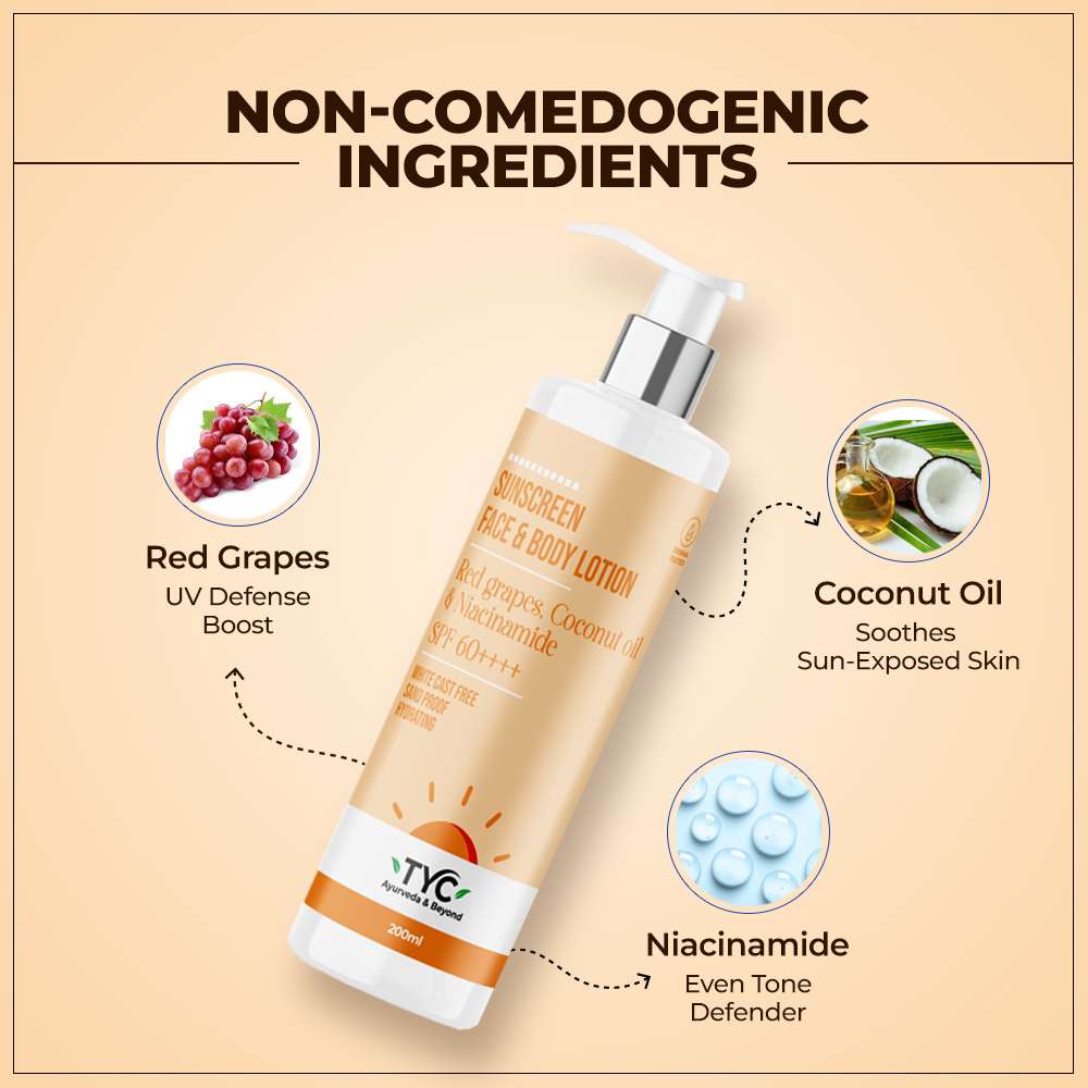 TYC Sunscreen Face & Body Lotion - Red Grapes, Coconut Oil & Niacinamide | SPF 60++++ | Grocsy
