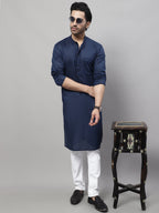 Even Apparels Blue Pure Cotton Kurta With Band Collar | Grocsy