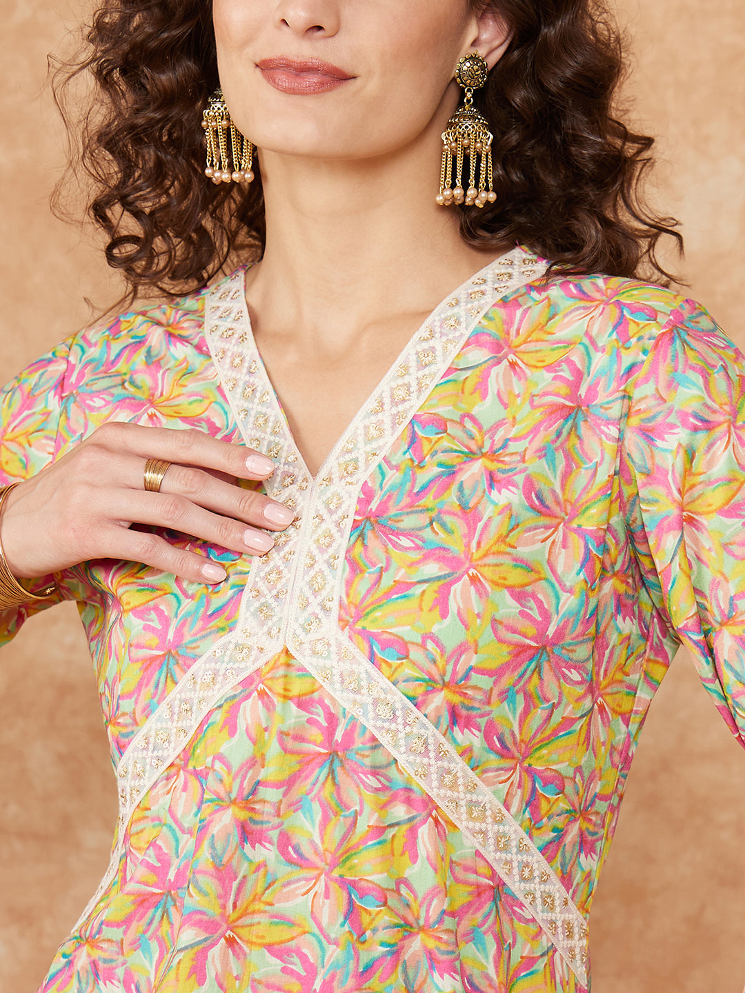 InWeave Women's Multi Floral Painted Alia Lace Work Straight Kurta | Grocsy