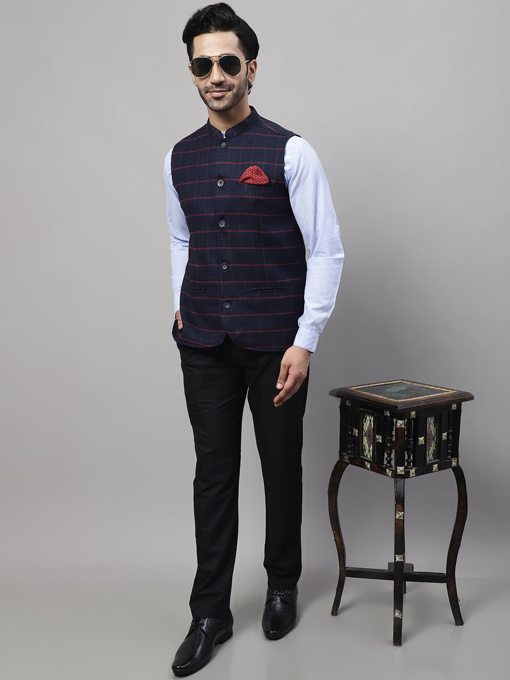 Even Apparels Men's Blue Nehru Jacket With Welt Pockets | Grocsy