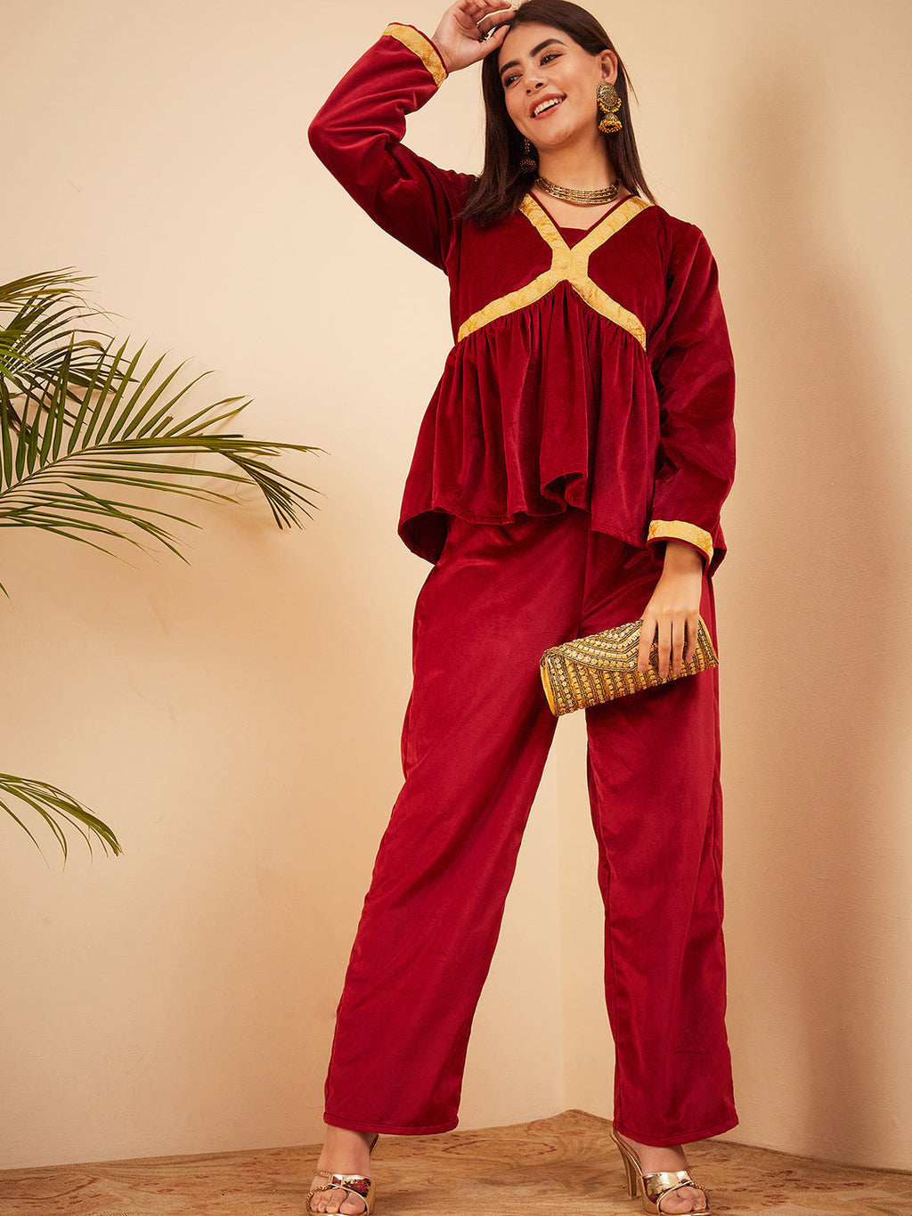 InWeave Women's Barn Red Mughal Shaan Style Velvet Short Kurta Set | Grocsy