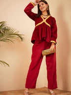 InWeave Women's Barn Red Mughal Shaan Style Velvet Short Kurta Set | Grocsy