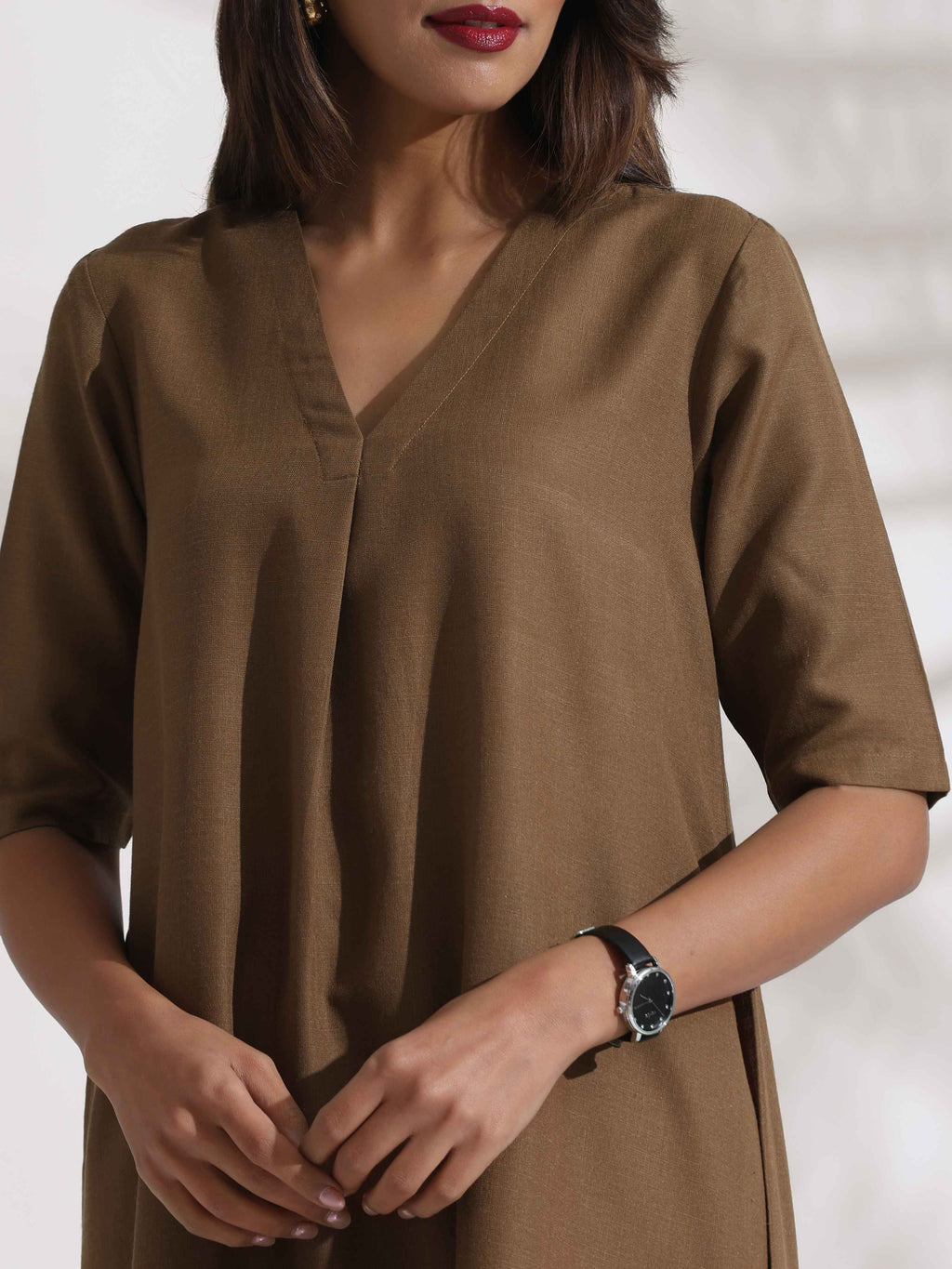 trueBrowns Brown Slub Highslit Kurta Set | Grocsy