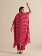 trueBrowns Pink Lehariya Printed Silk Kaftan Pant Set | Grocsy