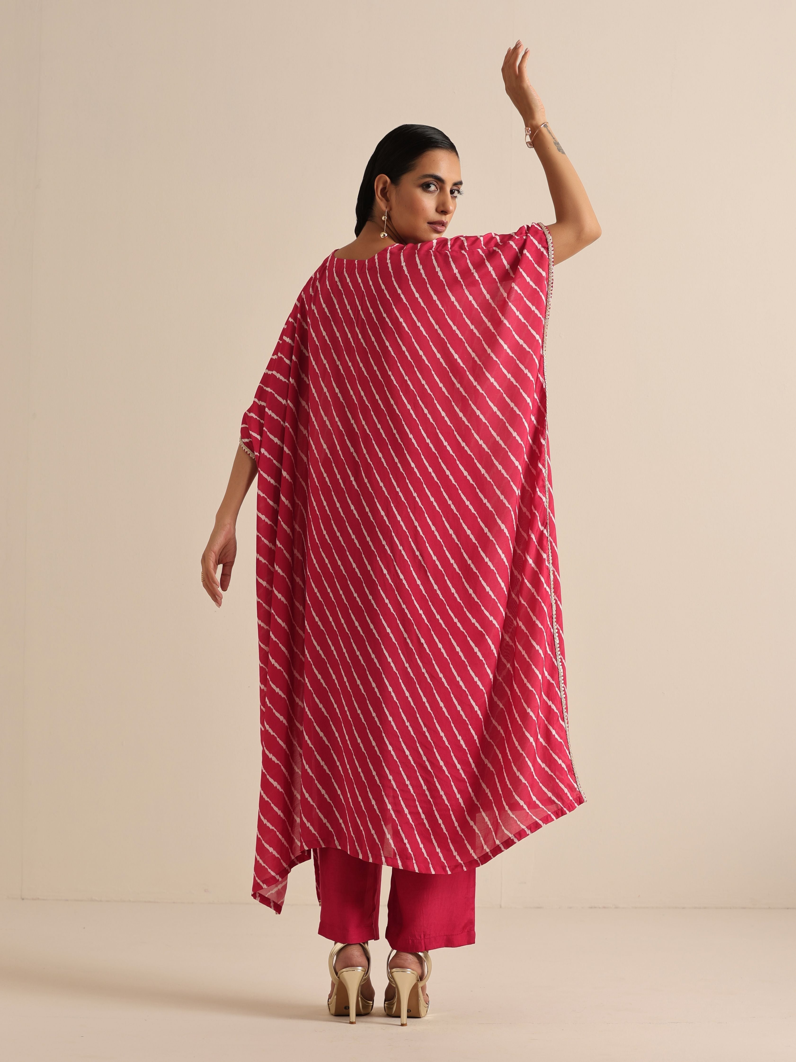 trueBrowns Pink Lehariya Printed Silk Kaftan Pant Set | Grocsy