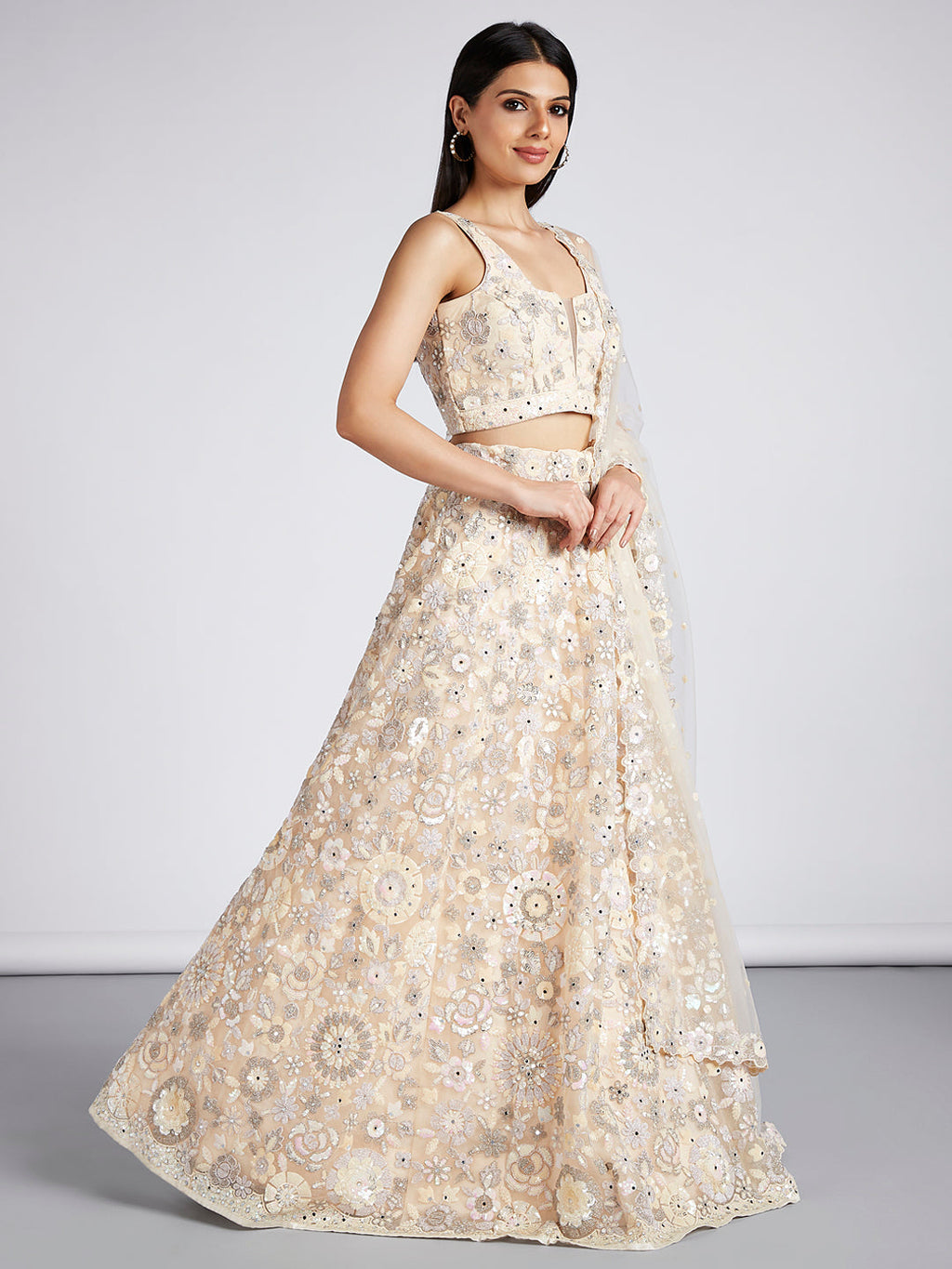House of Panchhi Cream Net Sequins, Mirror And Thread Embroidery Lehenga Choli & Dupatta | Grocsy