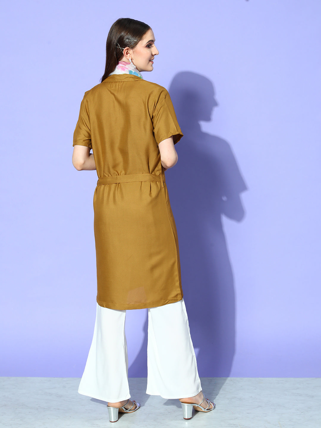 InWeave Women's Camel Brown Cream Pant Coord Set With White Butterfly Scarf | Grocsy