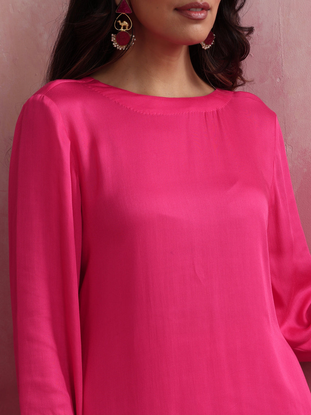 trueBrowns Pink Modal Round Neck Kurta Co-ord Set | Grocsy
