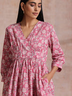 trueBrowns Pink Overall Floral Block Print Cotton Wrap Dress | Grocsy