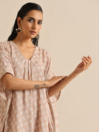 trueBrowns Beige White Floral Silk Print Kaftan Pant Set | Grocsy