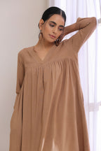 trueBrowns Beige Dobby Gathered Kurta Pant Set | Grocsy