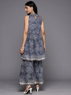 KSUT (House of Varanga) Blue And White Leheriya Halter Neckline Gota Work Kurta With Sharara | Grocsy