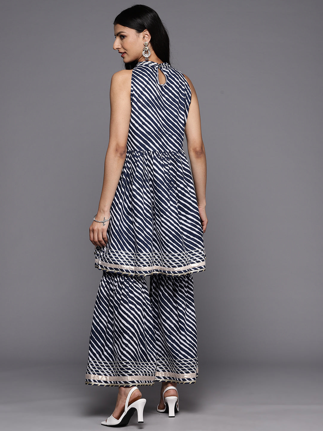 KSUT (House of Varanga) Blue And White Leheriya Halter Neckline Gota Work Kurta With Sharara | Grocsy