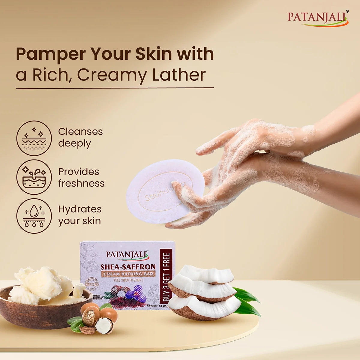 Patanjali Shea- Saffron Cream Bathing Bar 125g (B3 G1) | Grocsy
