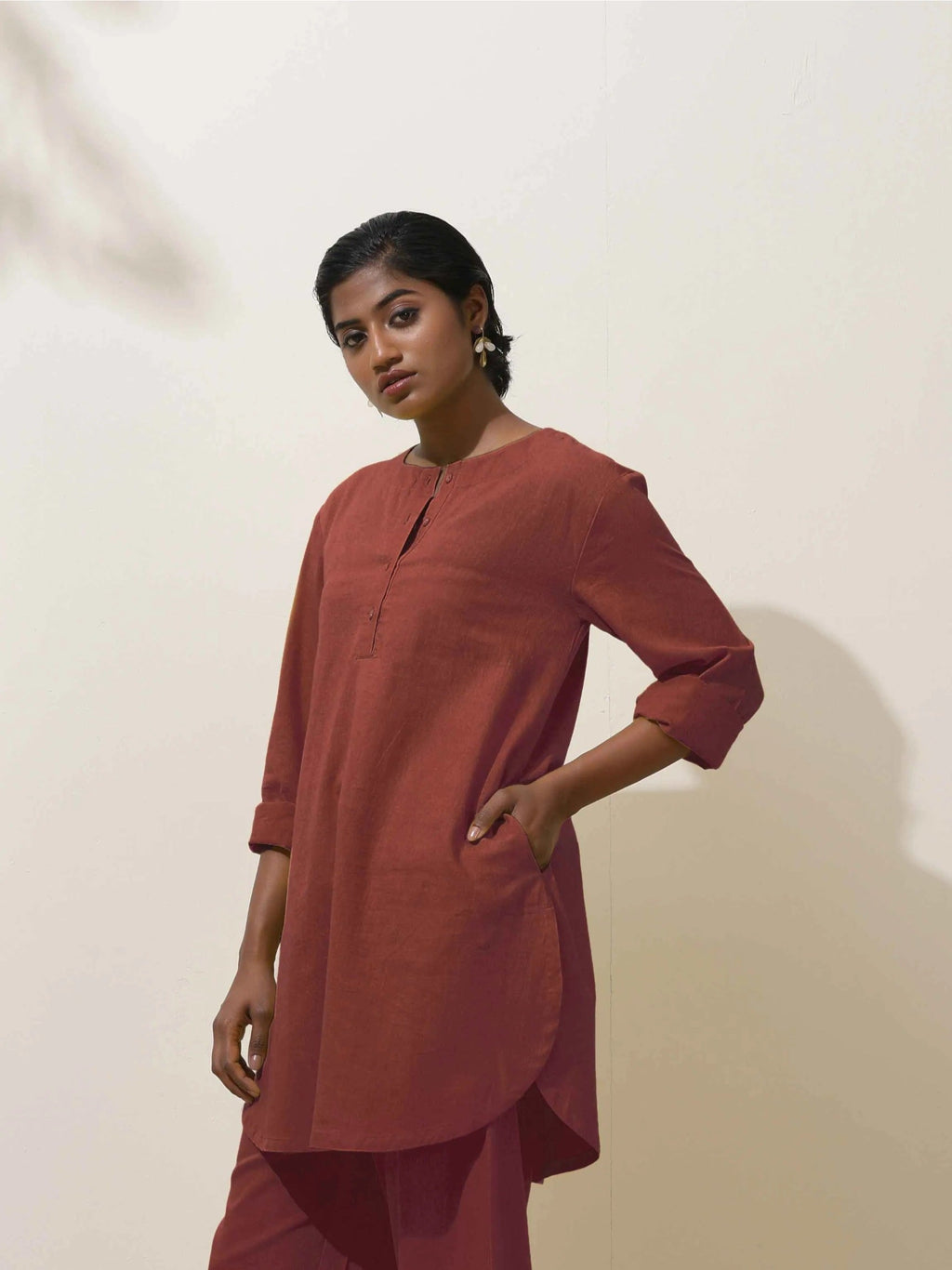 trueBrowns Brown Cotton Linen Kurta Co-Ord Set | Grocsy