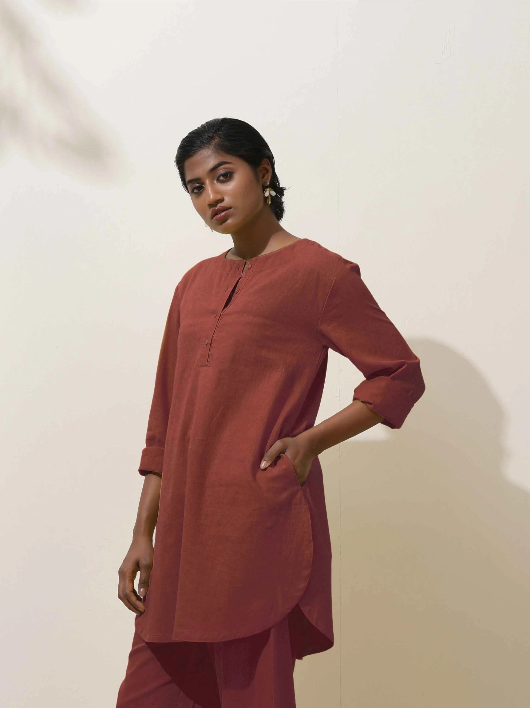 trueBrowns Brown Cotton Linen Kurta Co-Ord Set | Grocsy