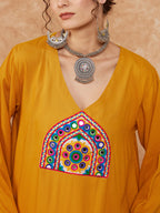 InWeave Women's Mustard Trangle Yellow Patch Work Assymentrical Kurta Set | Grocsy