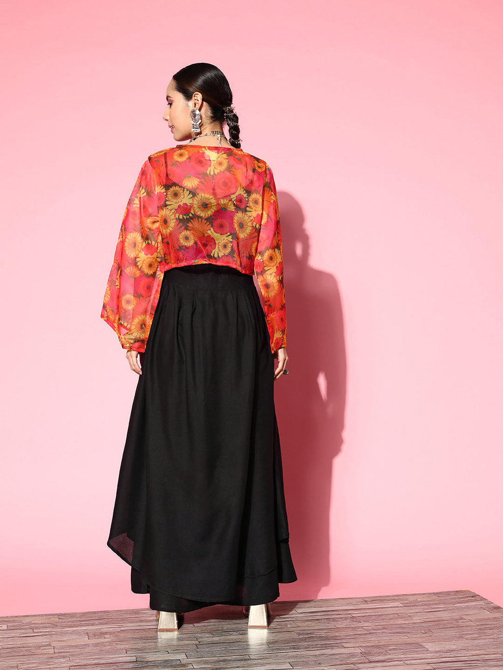 InWeave Women's Black Strappy Set With Pink Mustard Floral Short Organza Cape | Grocsy