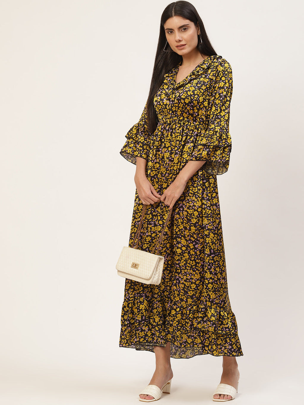 InWeave Women's Mustard Print Ruffled Dress | Grocsy