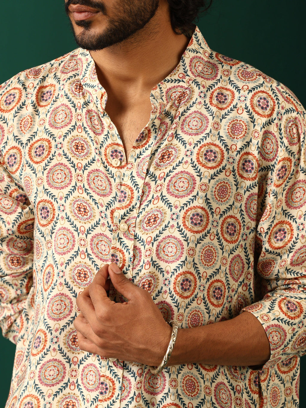 trueBrowns Men's Off White Circle Floral Muslin Silk Printed Long Kurta | Grocsy