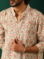 trueBrowns Men's Off White Circle Floral Muslin Silk Printed Long Kurta | Grocsy