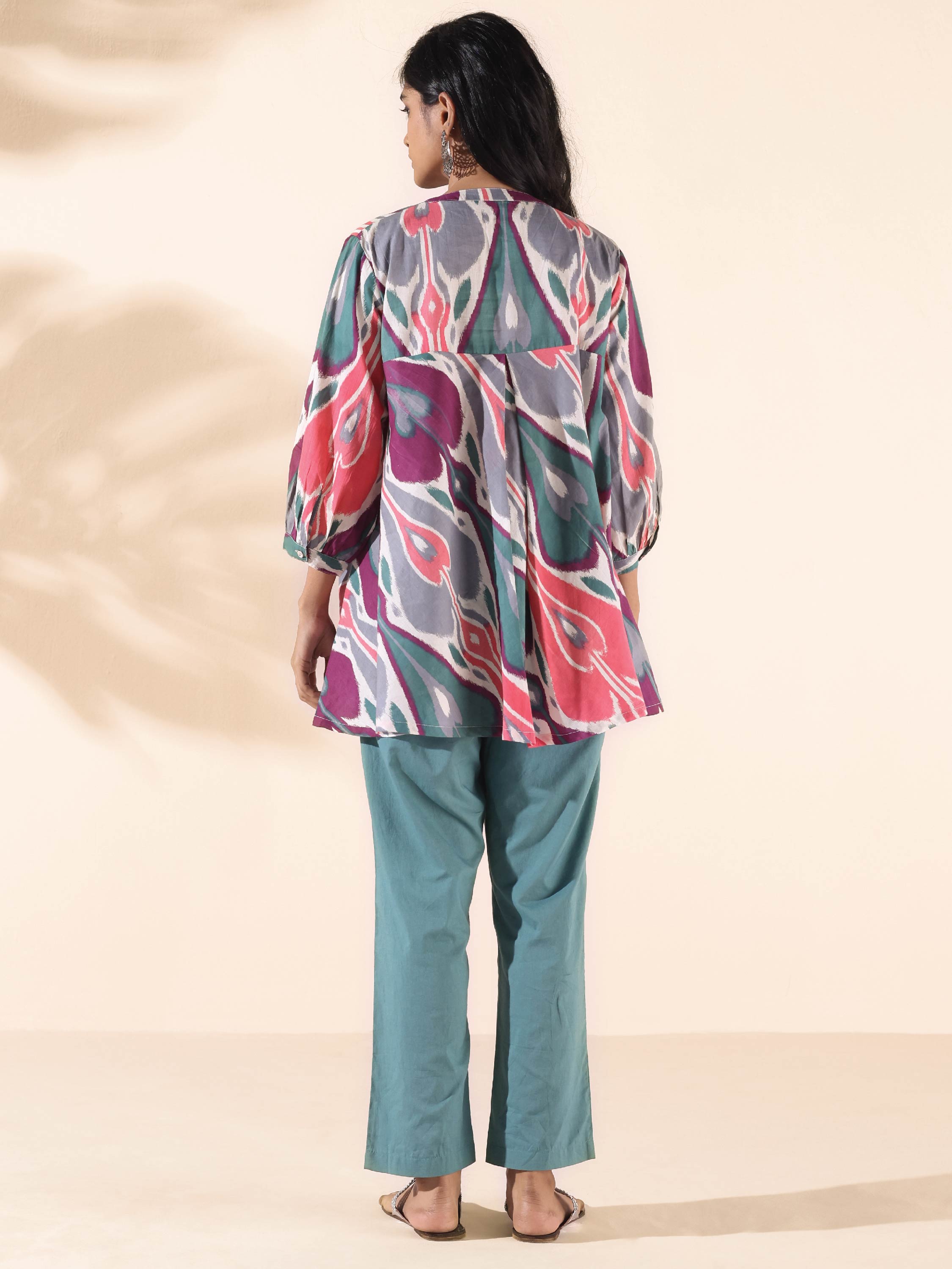 trueBrowns Green Cotton Ikat Flared Co-ord Set | Grocsy