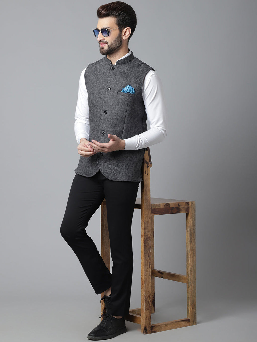 Even Apparels Men's Grey Pure Wool Nehru Jacket | Grocsy