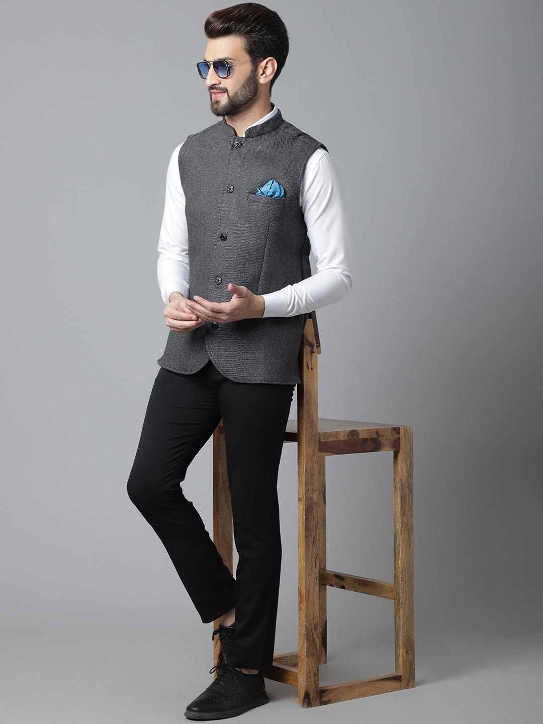 Even Apparels Men's Grey Pure Wool Nehru Jacket | Grocsy
