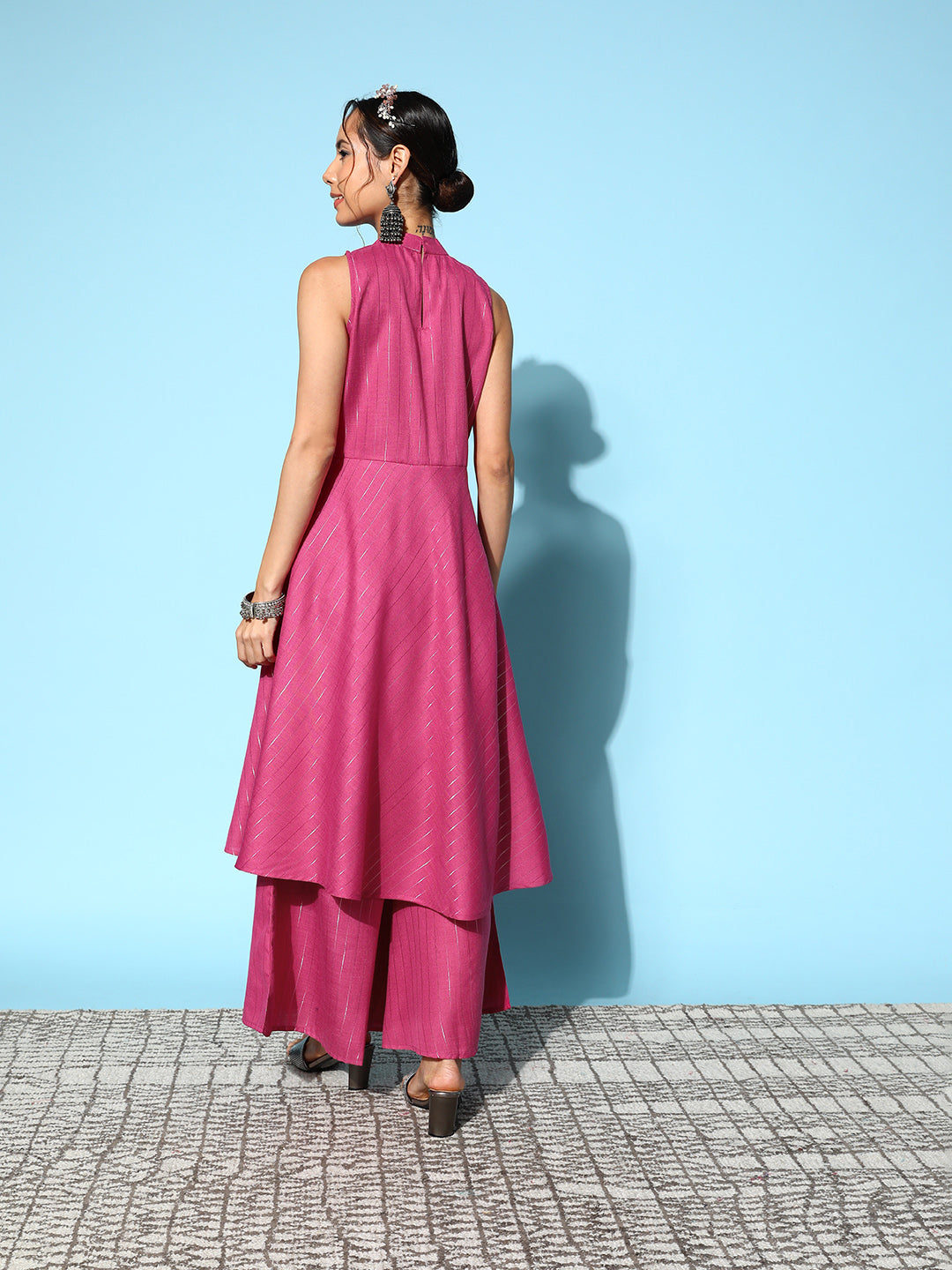 InWeave Women's Pink Lurex Boho Sleevless Kurta Set | Grocsy