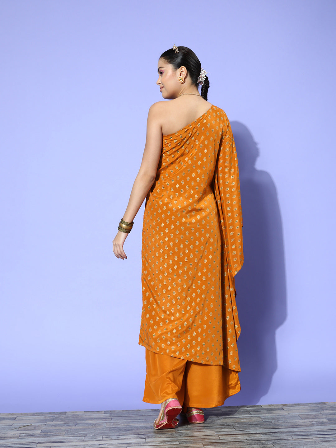 InWeave Women's Mustard Gold Print One Shoulder Kurta Set | Grocsy