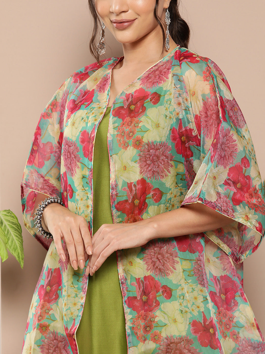 InWeave Women's Olive Green Strappy Set With Pink Green Floral Cape | Grocsy