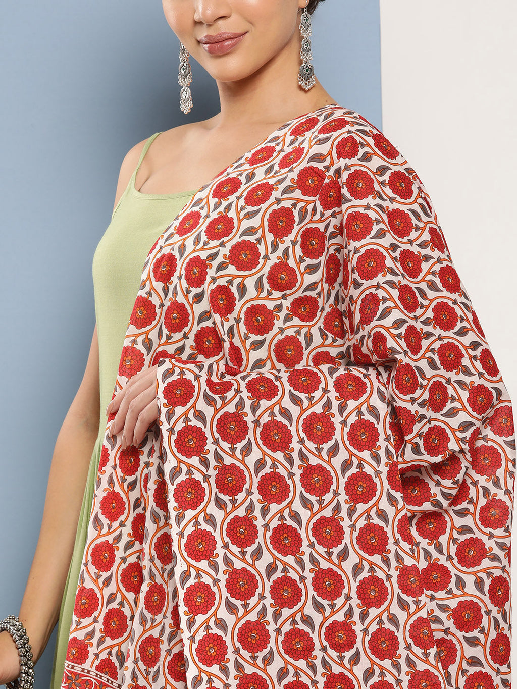 InWeave Women's Light Green Ray Strappy Set With Orange Floral Cotton Dupatta | Grocsy