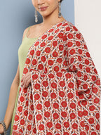 InWeave Women's Light Green Ray Strappy Set With Orange Floral Cotton Dupatta | Grocsy