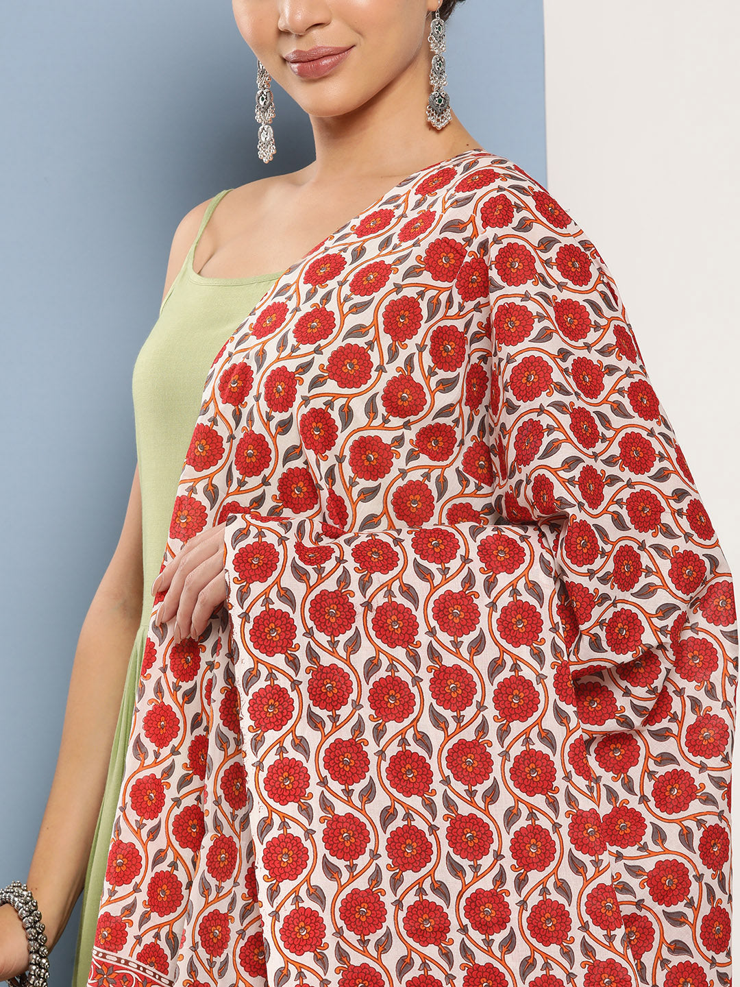 InWeave Women's Light Green Ray Strappy Set With Orange Floral Cotton Dupatta | Grocsy