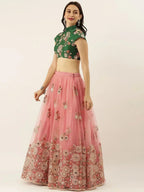 Tulsi Art Peach & Green Embroidered Semi-Stitched Lehenga & Unstitched Blouse With Dupatta | Grocsy