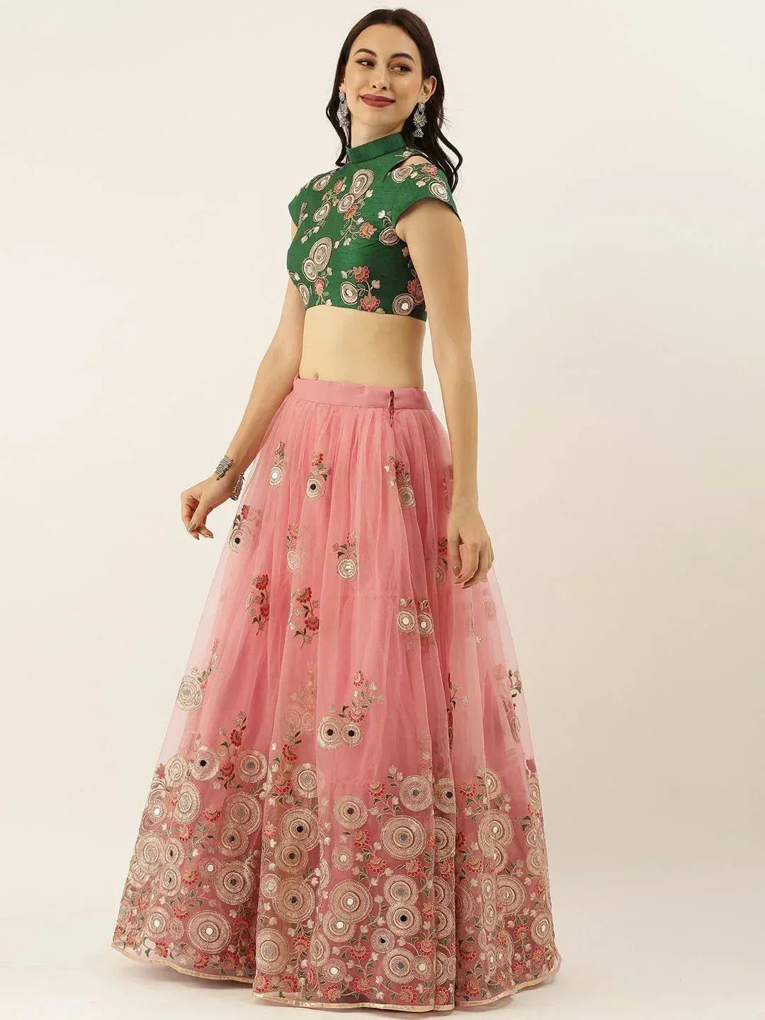 Tulsi Art Peach & Green Embroidered Semi-Stitched Lehenga & Unstitched Blouse With Dupatta | Grocsy