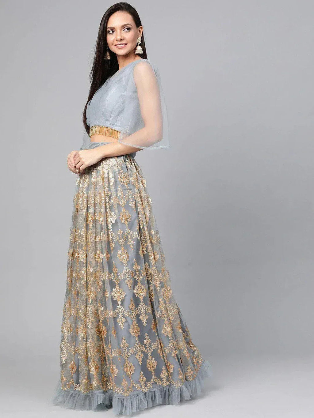 Tulsi Art Grey & Golden Semi-Stitched Embellished Myntra Lehenga & Unstitched Blouse With Dupatta | Grocsy