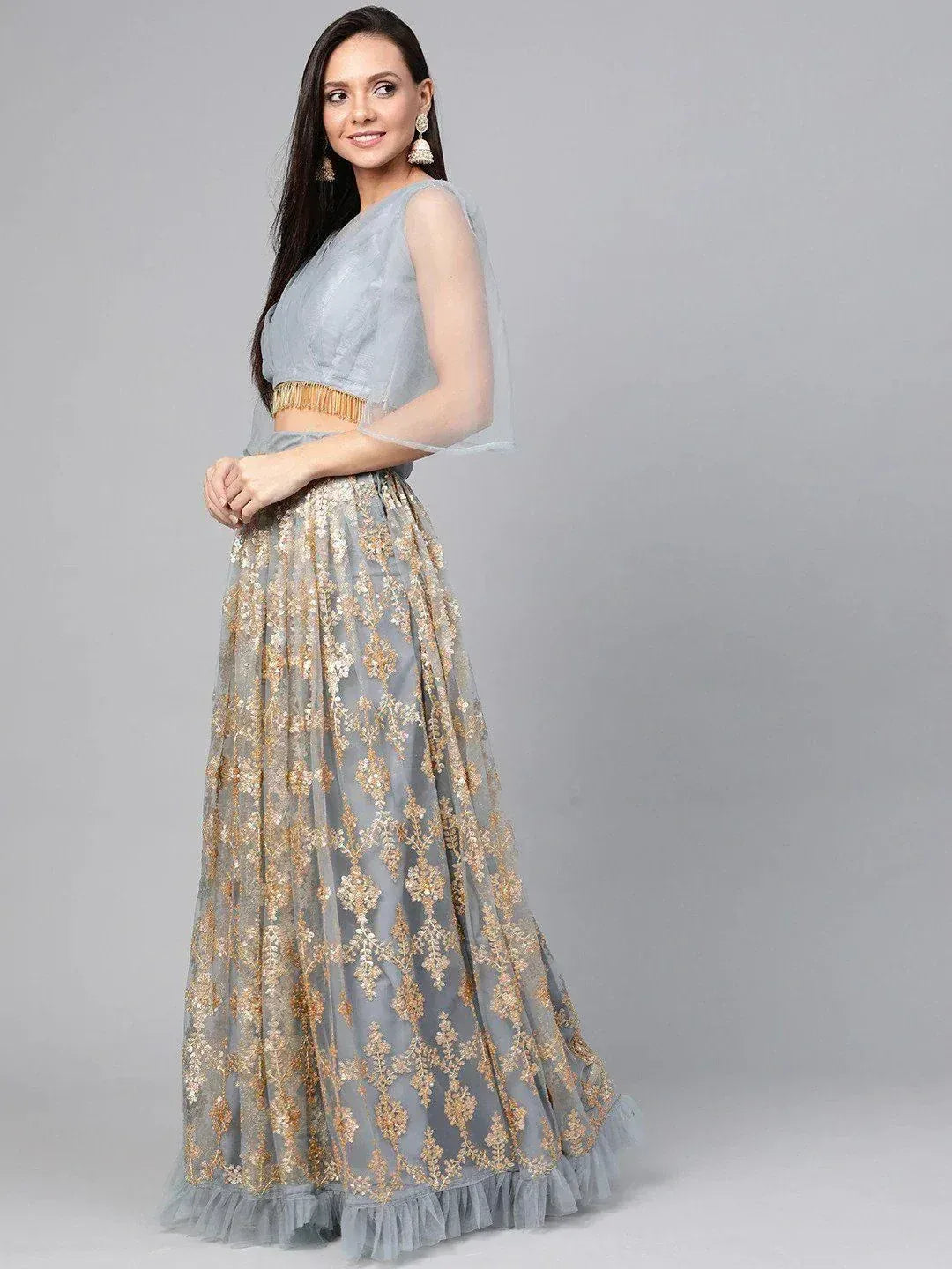 Tulsi Art Grey & Golden Semi-Stitched Embellished Myntra Lehenga & Unstitched Blouse With Dupatta | Grocsy