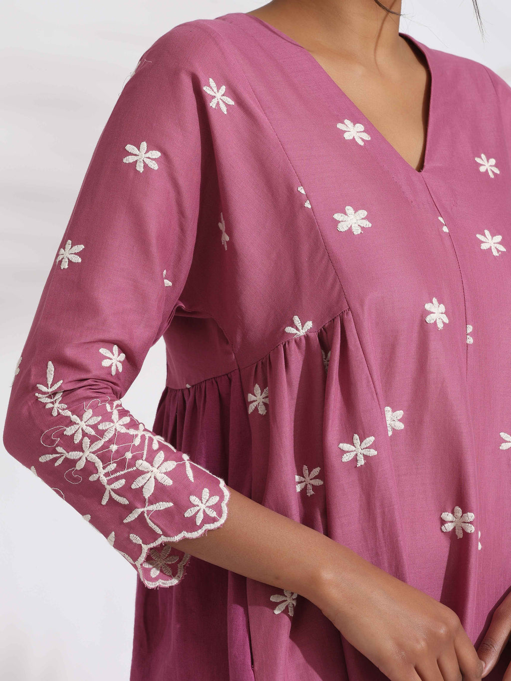 trueBrowns Pink Cotton Floral Embroidered Flared Kurta Set | Grocsy