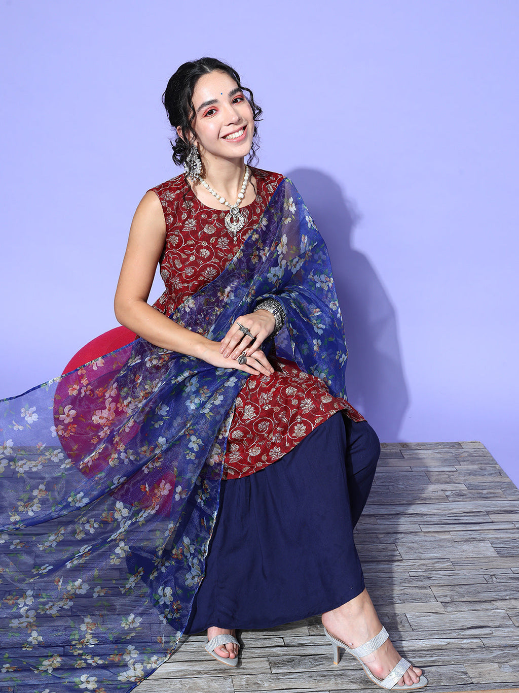 InWeave Women's Burgundy Printed Kurta Sharara Set With Blue Organza Dupatta | Grocsy