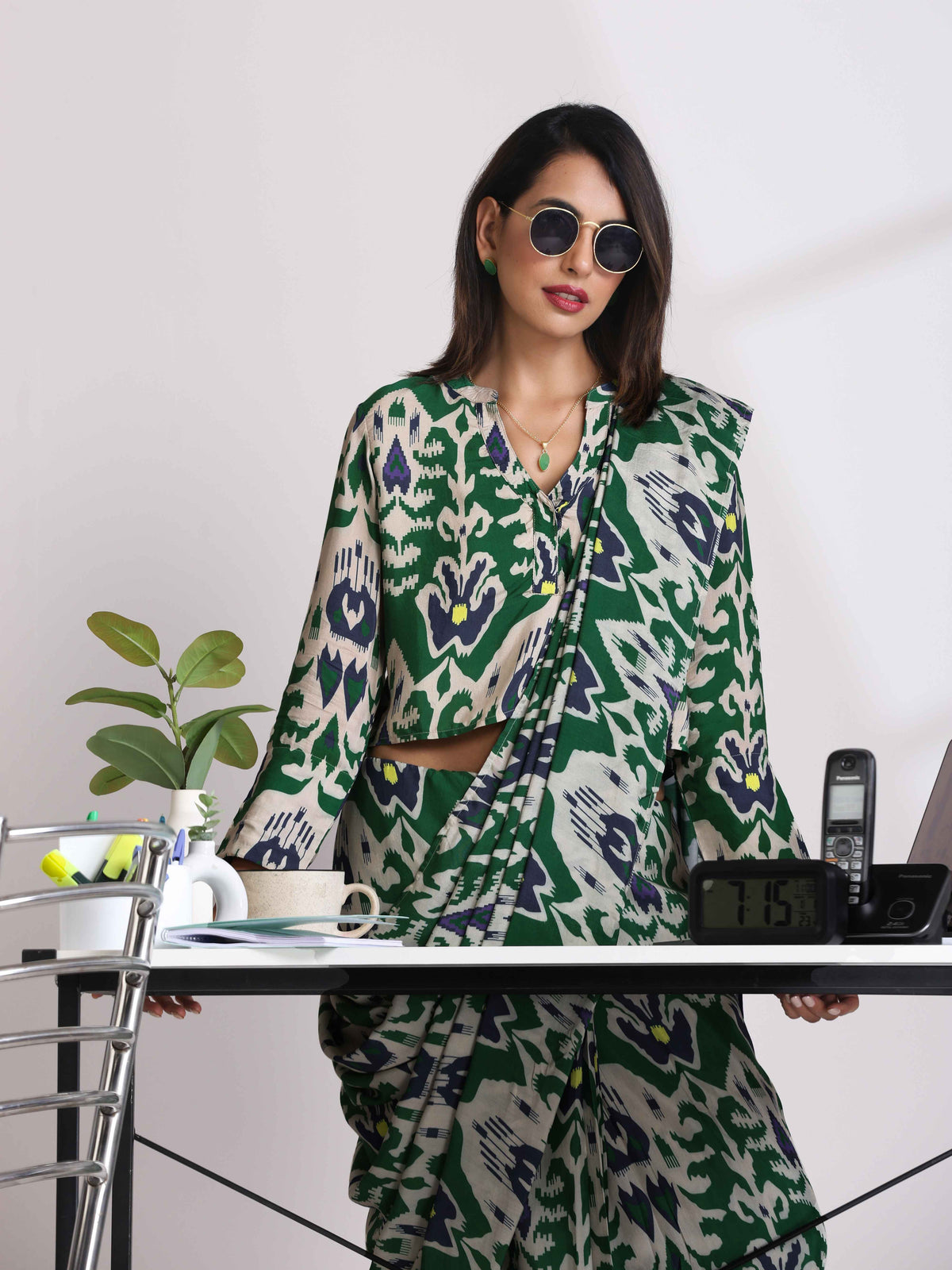 trueBrowns Green Muslin Ikat Shirt Blouse | Grocsy