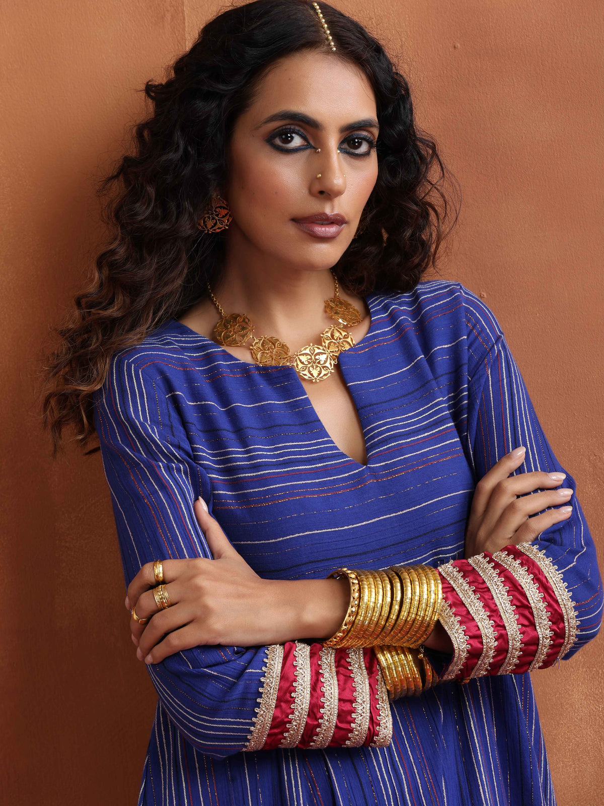 trueBrowns Blue Stripe Flared Anarkali Kurta Set | Grocsy