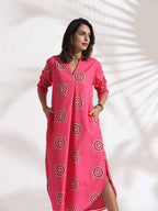 trueBrowns Pink Cotton Print A-line Dress | Grocsy