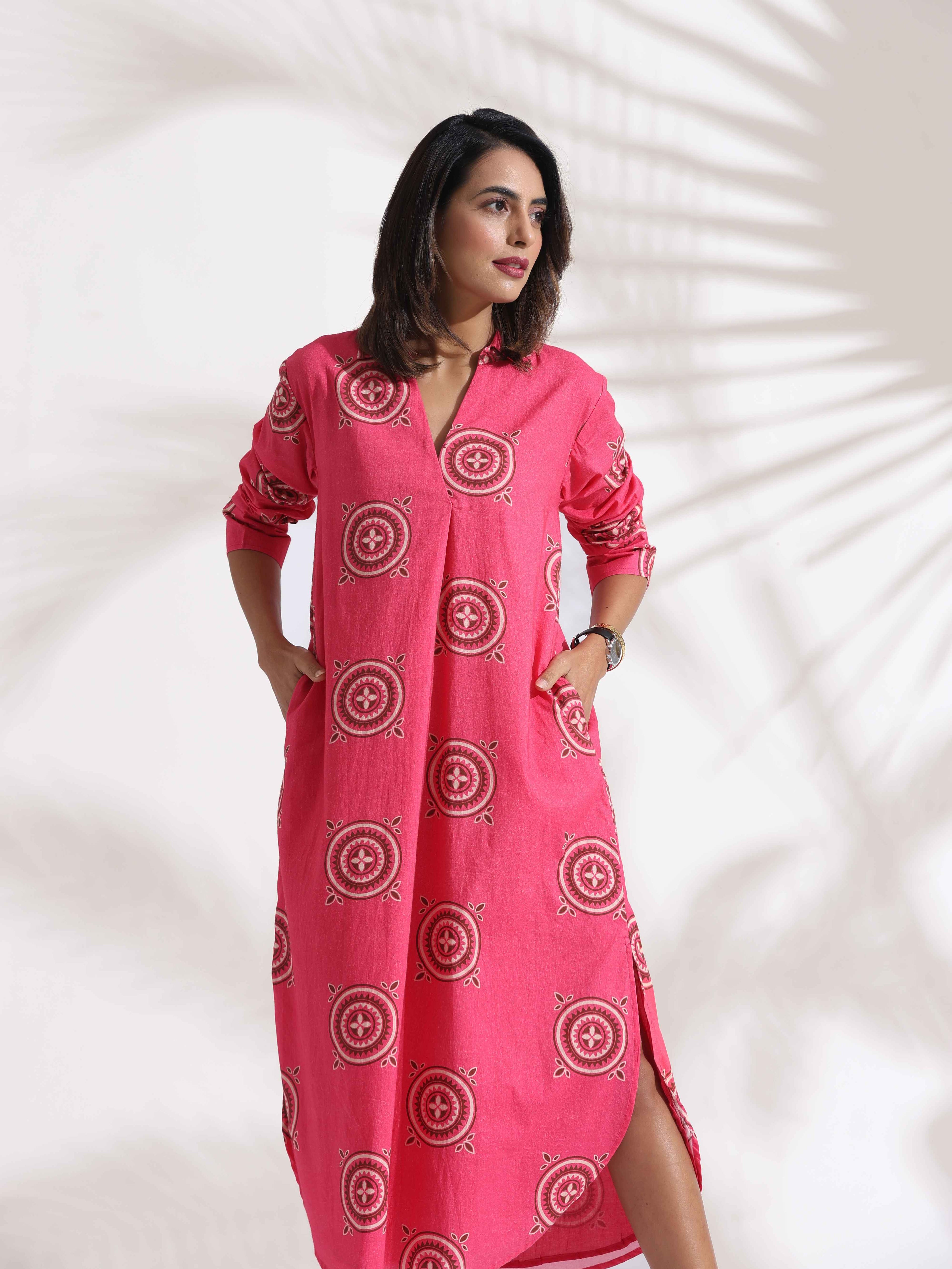 trueBrowns Pink Cotton Print A-line Dress | Grocsy