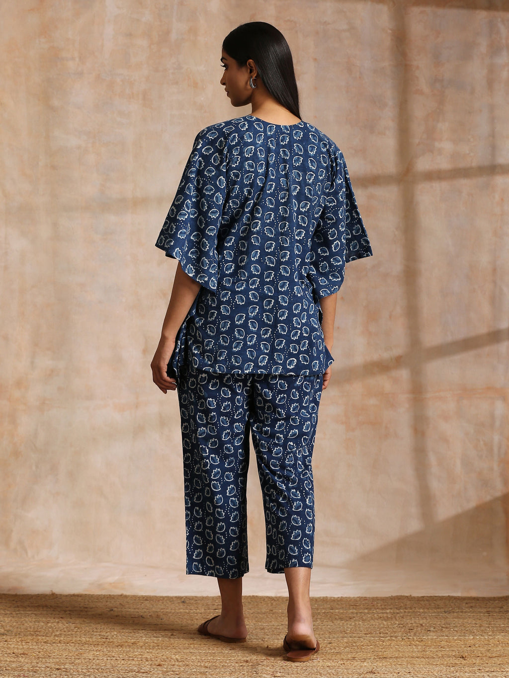 trueBrowns Indigo Dabu Floral Print Cotton Kaftan Co-Ord Set | Grocsy